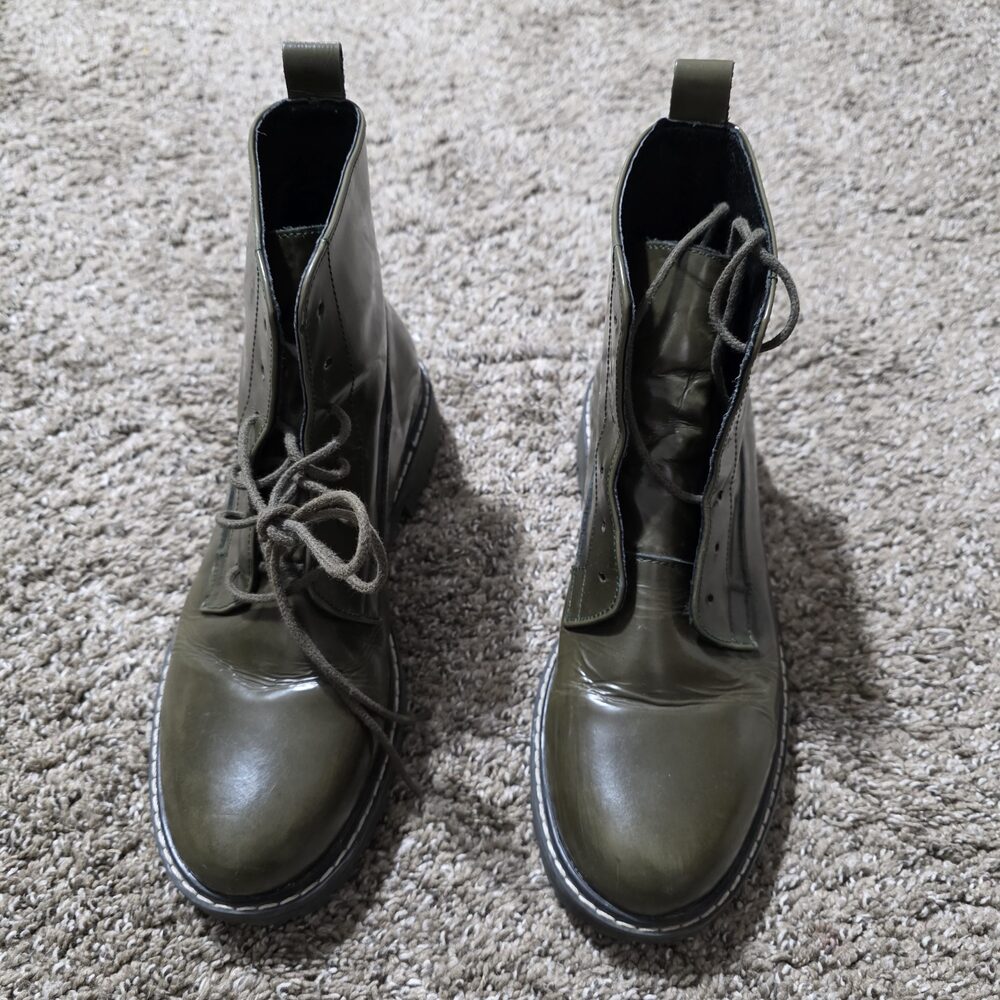 Women’s EU 37 Olive Green Glossy Lace-Up Combat Boots Made in Portugal - Picture 3 of 7
